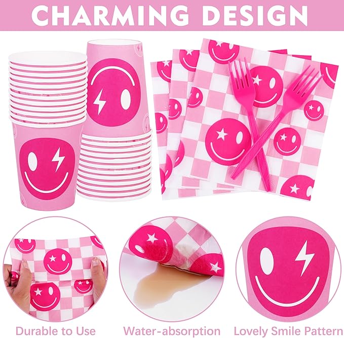 durony 144 Pieces Preppy Birthday Decorations Pink Smile Face Tableware Set Preppy Smile Plates Cups Napkin and Forks for Bachelorette Smiley Face Birthday Party Supplies
