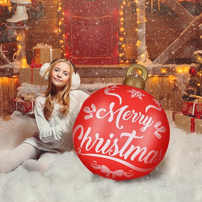 2 Pieces 32 Inch Giant PVC Inflatable Christmas Decorated Ball Ornaments Outdoor Large Xmas Blow Ball Decorations for Christmas Themed Party Ornaments(Merry Words,Red White)