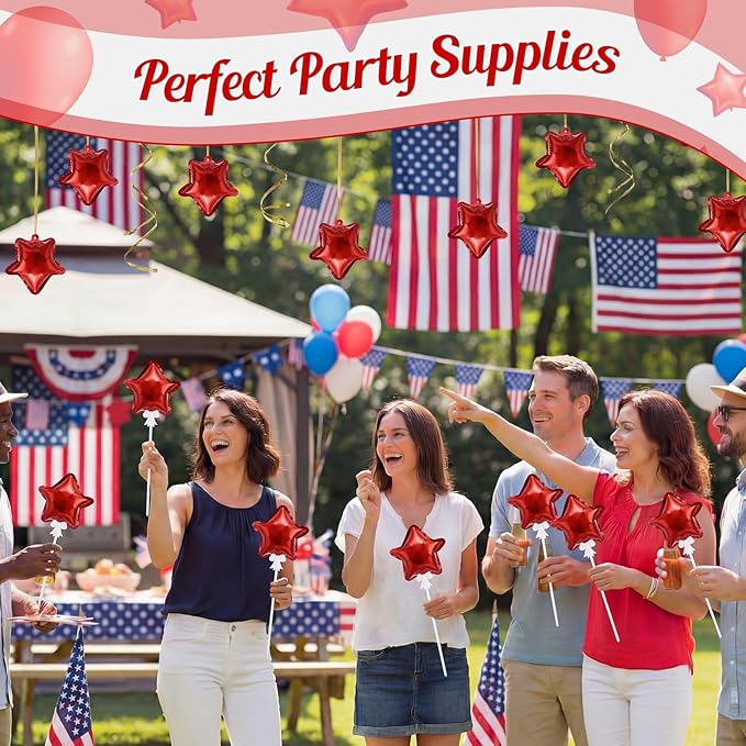 30 Pcs Star Self Inflatable Balloons with Bow Stems Star Foil Balloons Mini Pentagram Decoration for Patriotic Independence Day Graduation Birthday Baby Shower Anniversary(Red,4 Inches)