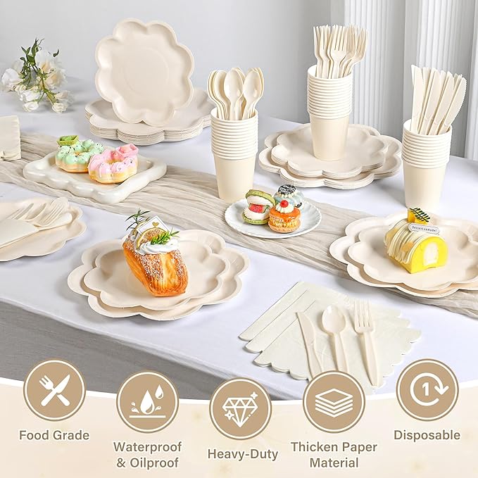 350 Pcs Ivory Paper Plates and Napkins Set, Tableware Set for 50 Guests Include Disposable Ivory Scalloped Plates, Napkins, Cups, Knives, Forks & Spoons for Baby Shower Wedding Bridal Shower Birthday