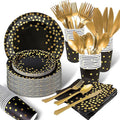 AIRE 175PCS Black Gold Paper Plates Party Supplies Dinnerware Sets for 25 Guests, Disposable Paper Party Plates, Dessert Plates, Cups, Napkins, Plastic Spoons, Forks, Knives for Wedding, Birthday