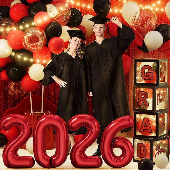 Graduation Party Decorations Class of 2026, 86PCS Red & Black Graduation Party Supplies High School College Grad Balloon Boxes with Letter, Foil Curtains, LED String Light, Balloon Garland Kit