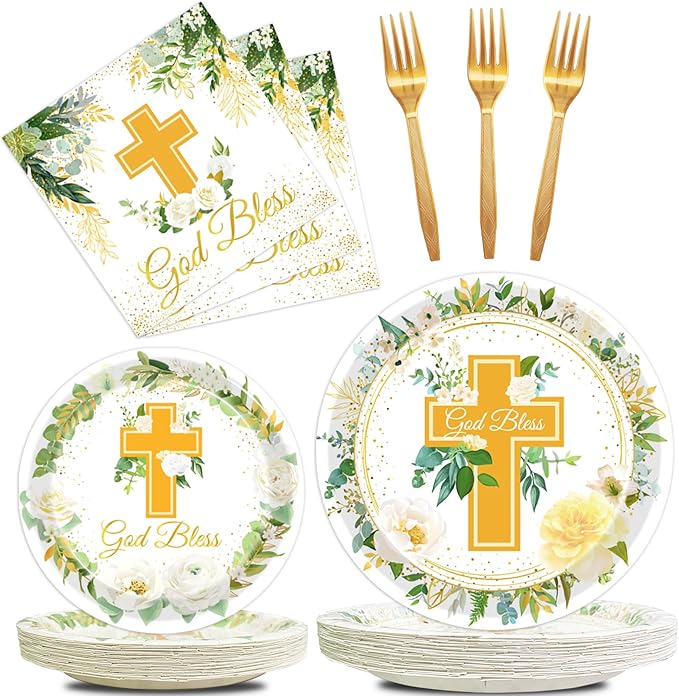 96 Pcs God Bless Plates and Napkins, Baptism First Holy Communion Party Decorations Supplies Mi Bautizo Eucalyptus Leaves Sage Tableware Set for Christening Celebration Baby Shower, Serves 24