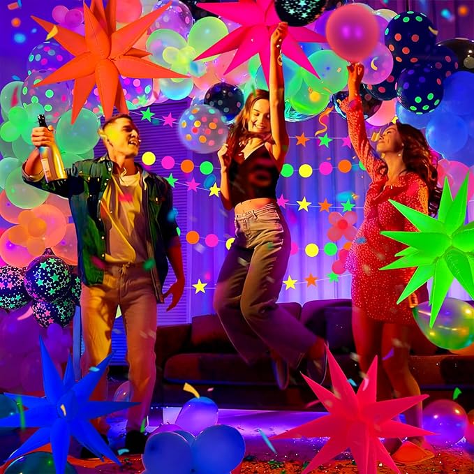 UV Neon Balloons, Glow in the Dark Party Supplies Neon Foil Explosion Star Balloon Kit Cone Balloons Glow in the Dark Birthday Decorations for Blacklight Party Decoration