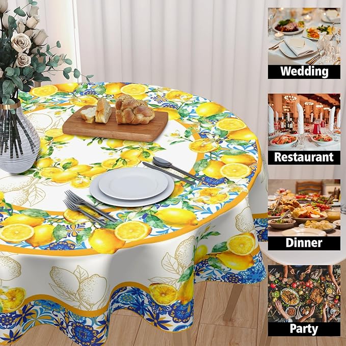 Lemon Round Tablecloth 70 Inch Yellow and Blue Circle Table Cloth Summer Holiday Table Cover Washable Polyester Decorations for Season Home Kitchen Dinning Party