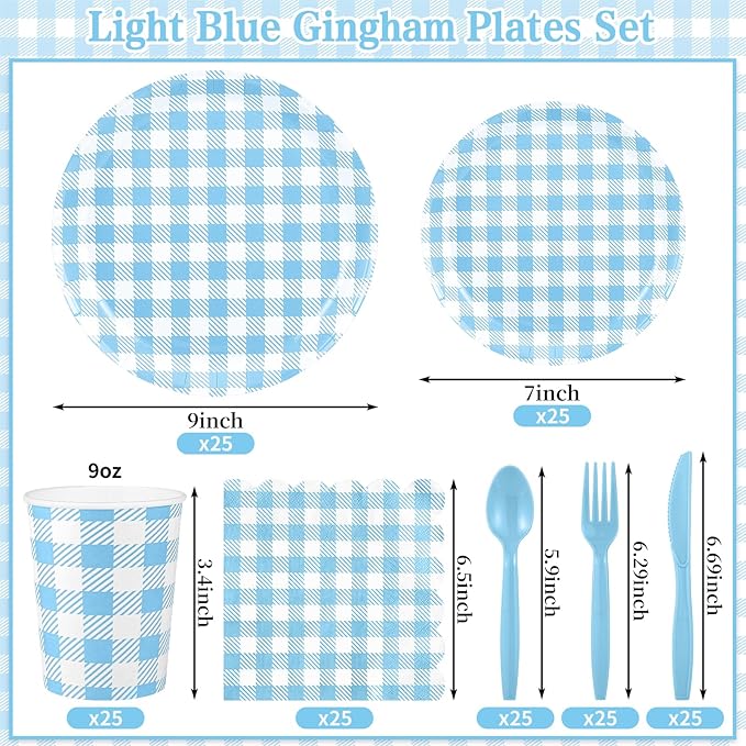 175 Pcs Gingham Paper Plates, Boy Baby Shower Decorations Include Blue Gingham Plates and Napkins Cups Disposable Blue Dinnerware for Picnic, Wedding, Birthday