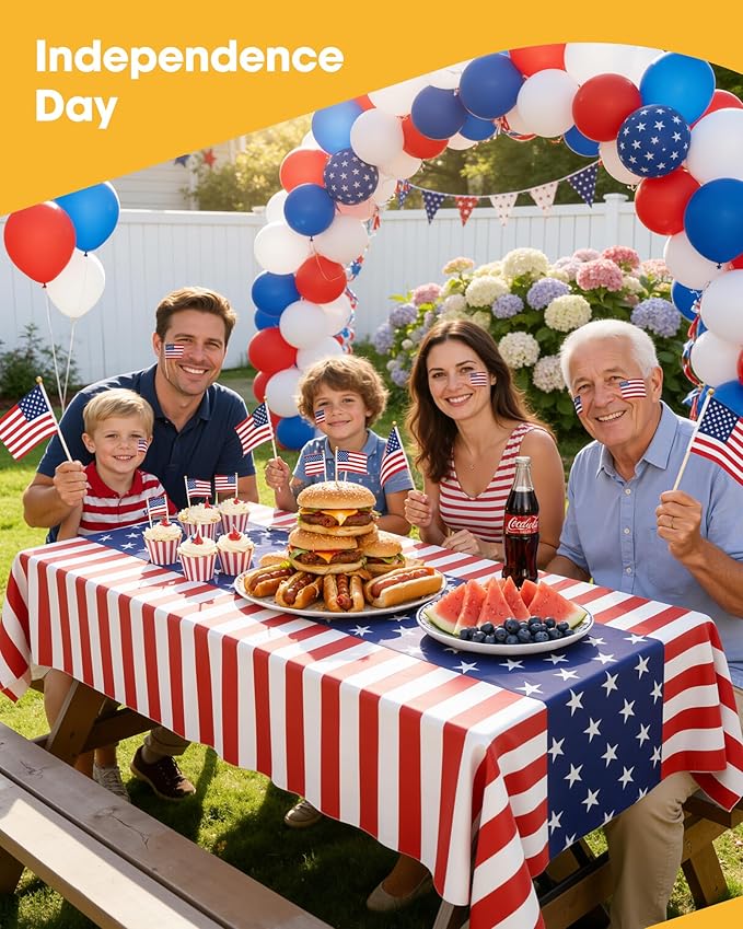 American Flag Plastic Table Cloth - 4 Pack 54" × 108" Rectangle Disposable Tablecloths for 6FT Tables, Table Cover for Party, Holiday & Gathering Use