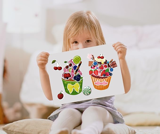 24 Sheets Cupcakes Stickers for Kids Treats and Sweets Sticker Sheets Make a Face Stickers for Birthday Party Mix and Match Dessert Cookies Stickers Party Favors