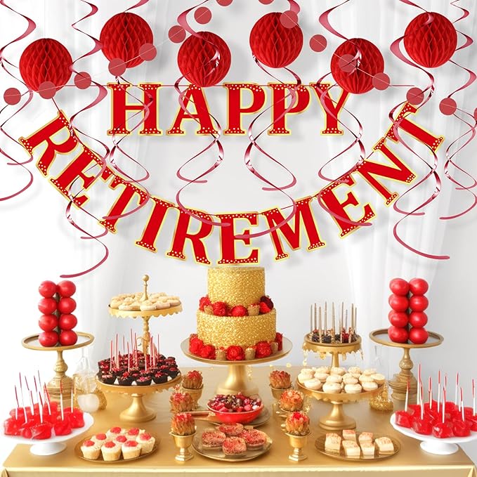 Retirement Party Decorations Kit for Women - 16-Piece Elegant Red Set with Pre-Strung Banner, Honeycomb Balls, Swirls & Garland | Instant Setup Party Decor | Retirement Gifts & Supplies