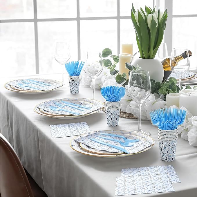 Yungyan 168 Pcs Easter Bunny Tableware Set Birthday Decorations Blue Bunny Bow Disposable Dinnerware Including Paper Plate Cup Napkin Cutlery Baby Shower Party Rabbit Plates for Table Supply Serves 24