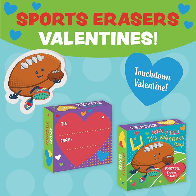 Peaceable Kingdom Valentines Box for Kids, Valentines Day Box Kit for Valentines Cards for Kids Classroom - Sports Eraser Valentines