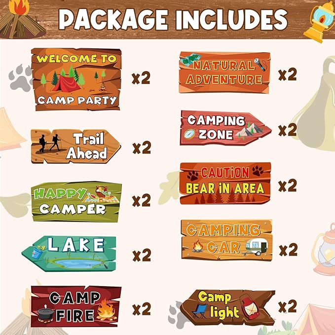 Hooqict 20 Pieces Camping Themed Party Decorations Camping Party Directional Signs for Summer Camp Decor Welcome to Camp Birthday Party Supplies Classroom Wall Door Porch Yard Sign