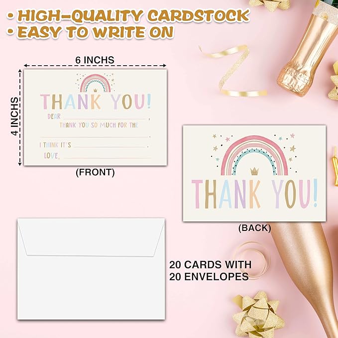 Kids Thank You Cards Fill in the Blank, Boho Rainbow Thank You Cards, Rainbow Greeting Cards, Thank You Notes For Boys Girls, Birthday Party Decorations Favors (20 Cards With 20 Envelopes) -10