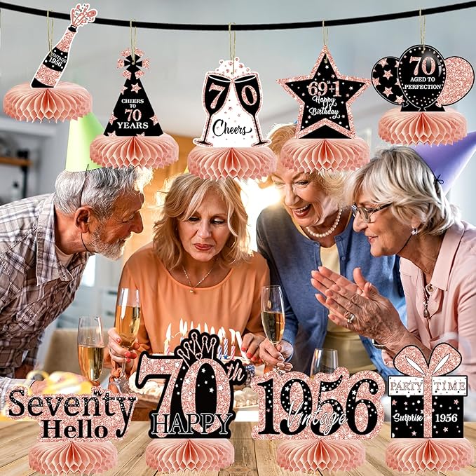 9Pcs 70th Birthday Decorations Honeycomb Centerpieces for Women, Rose Gold Pink Happy 70th Birthday Centerpieces Tables Toppers Party Decorations Supplies, Vintage 1956 Aged Table Sign Decor