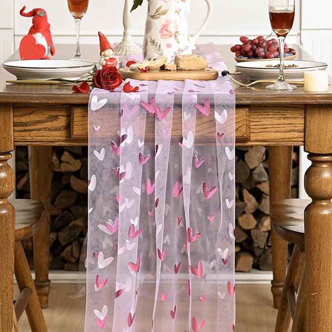 Artoid Mode Pink Heart Gauze Table Runner 120 Inch 10FT,Glitter Metallic Foil Valentine’s Day Sheer Dining Anniversary Wedding Table Decor for Home Party