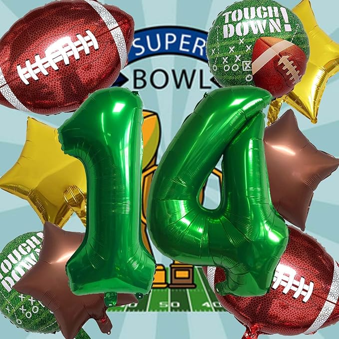 Football Balloons Foil Football Birthday Decorations Balloons Green Number 14 Balloon Gold Brown Star Touchdown Ballons for Rugby Birthday Decorations Sports Ballons Arch Kits Party Balloon Sets 10pcs