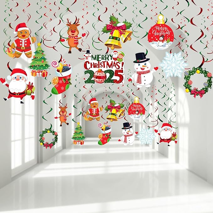 30 Pcs Christmas Hanging Foil Swirl Decorations Set Xmas Holiday Snowman Elk Sign Hanging Swirls Ceiling Decorations for Indoor Outdoor Xmas Holiday Party Supplies (Snowman Elk)