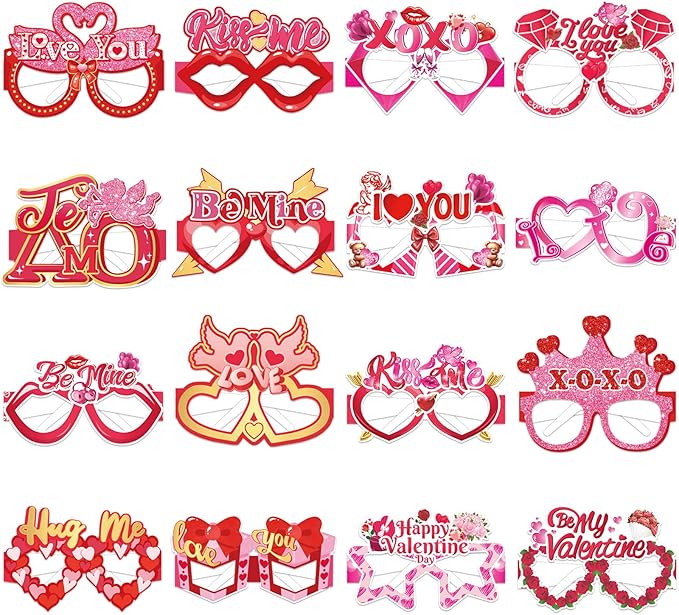 16Pcs Valentine's Day Party Glasses Frames, Sweet Valentine's Day Paper Glasses Valentines Eyeglasses Photo Booth Props for Valentines Party Decorations Supplies