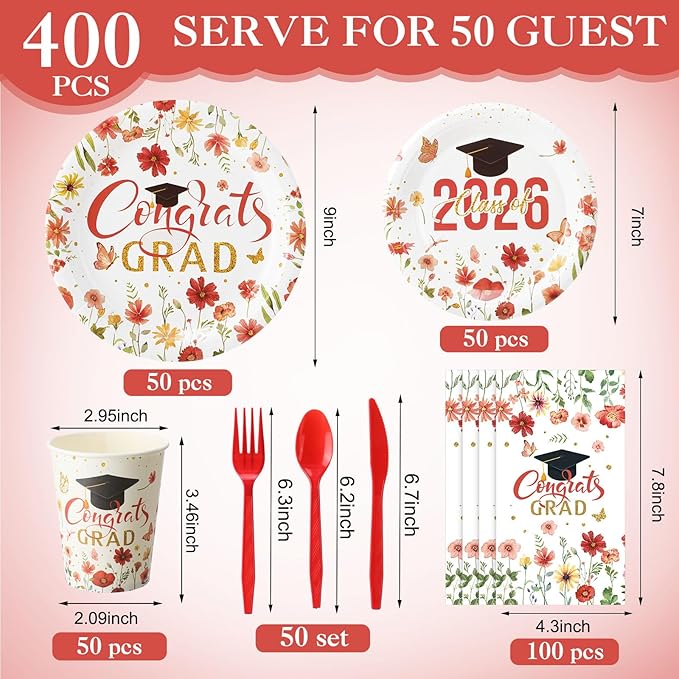 400 Pcs Class of 2026 Red Floral Graduation Decorations for 50 Guests, Red Gold Flower Graduation Paper Plates Napkins and Cups Cutlery Grad Tableware for 2026 Congrats Grad Party Supply