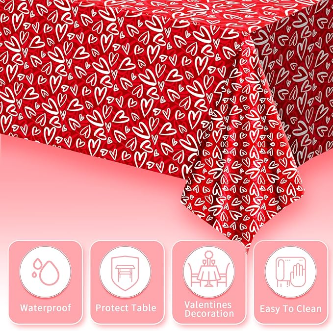 3 Pcs Valentines Tablecloth-Heart Love Valentine's Table Cover, Disposable Plastic Rectangle Heart Table Cloth for Valentine's Day, Wedding, Engagement Anniversary, Birthday Party, 54x108 inch