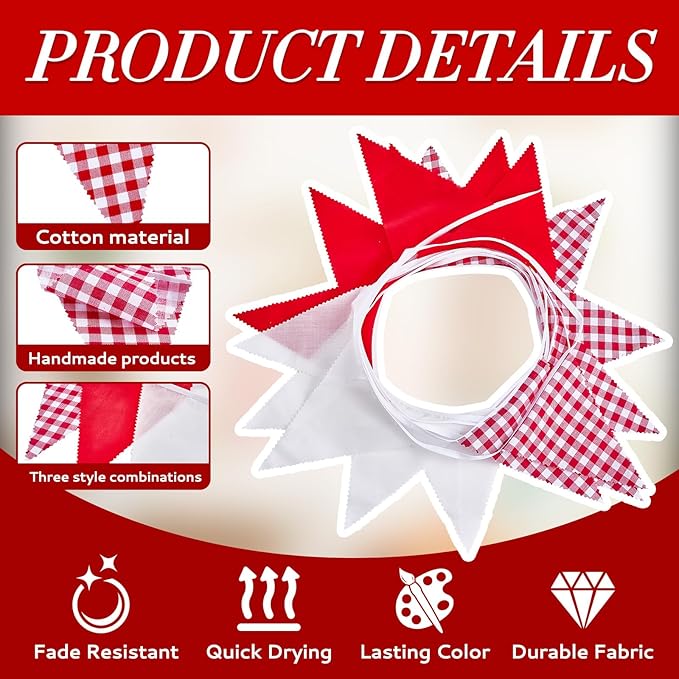 32 Ft Red Plaid Checkered White Pennant Banner Flags Triangle Bunting Garland for Carnival Red Party Decorations for Christmas Wedding Birthday Picnic Outdoor Family Holiday Celebrations