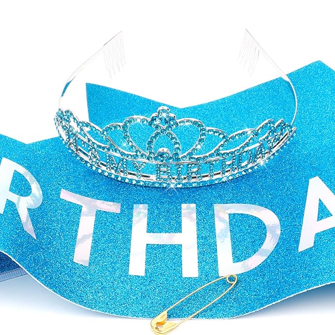 CAVETEE Birthday Crowns for Women - Its My Birthday Sash and Crown Set for Adult Women - Party Decorations and Gifts (Blue)
