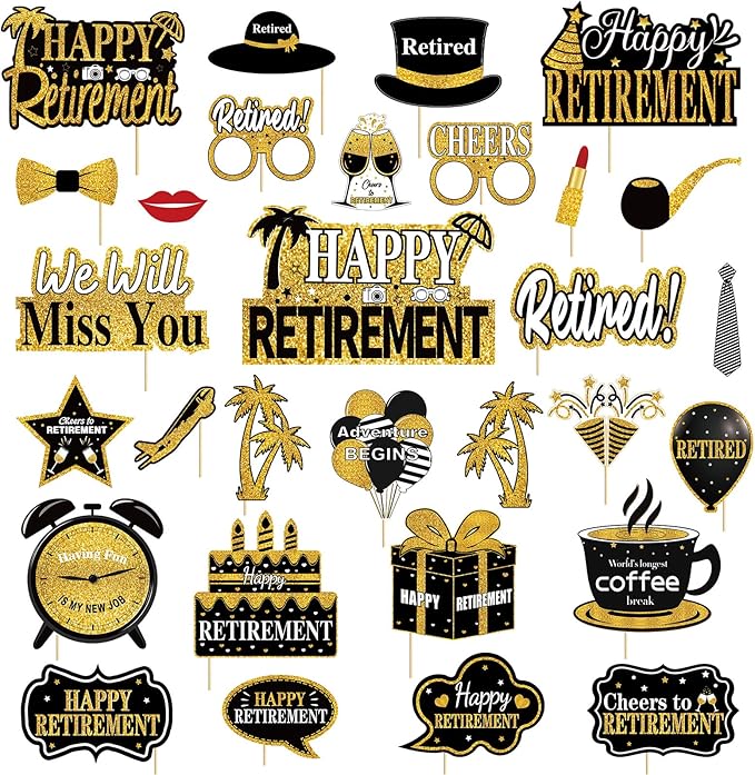 30Pcs Happy Retirement Party Decorations for Men Women, Black Gold Retirement Photo Booth Props, Cheers to Retirement Party Supplies, We Will Miss You Retirement Party Sign