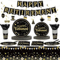 184pcs Happy Retirement Party Supplies, Black Gold Happy Retirement Plates Napkins Cups Tablecloth Swirls Banner Tableware Kit, Disposable Farewell Party Decorations Favors, Serve 25 Guests