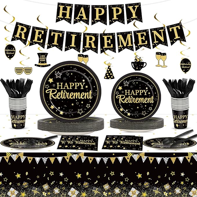 184pcs Happy Retirement Party Supplies, Black Gold Happy Retirement Plates Napkins Cups Tablecloth Swirls Banner Tableware Kit, Disposable Farewell Party Decorations Favors, Serve 25 Guests