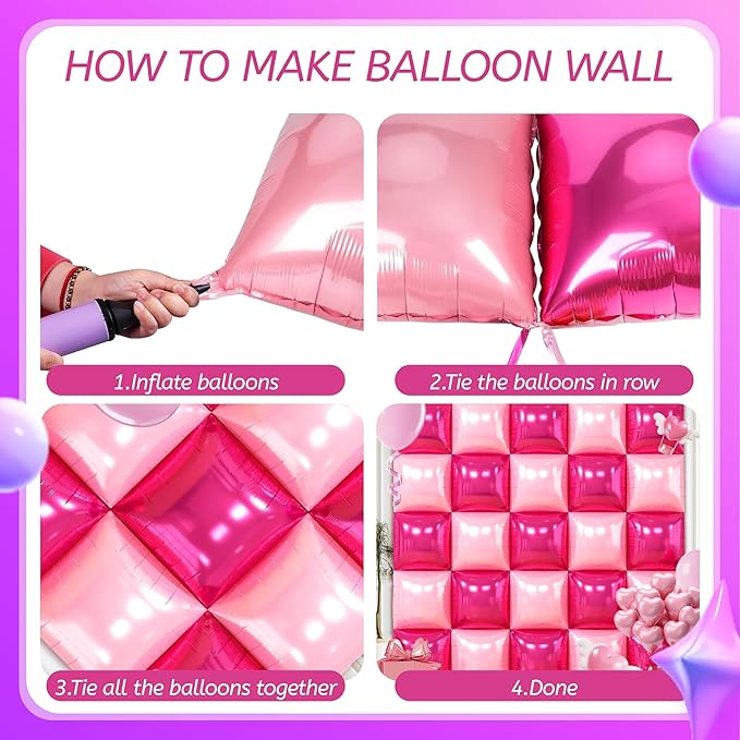 50 PCS Hot Pink Square Foil Balloons, Reusable Double Sided Mylar Balloons for DIY Balloon Arch & Wall Backdrop, Ideal for Wedding Birthday Bachelorette Graduation Baby Shower Party Decorations