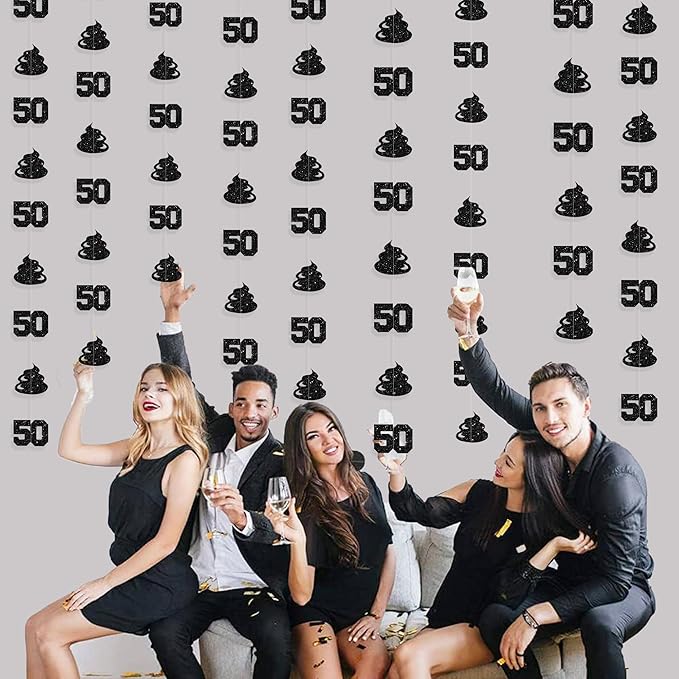 Black 50th Birthday Decorations Glitter Number 50 Birthday Garland Hanging Streamer Banner Backdrop for Women Mens Cheers to 50 Years Happy 50th Anniversary Funny 50th Bday Fiftylicious Party Decor