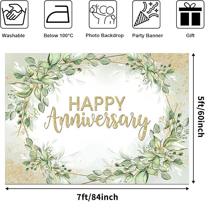 Avezano Happy Anniversary Backdrop Sage Green Leaves Anniversary Banner Wedding Party Decorations Photo Booth Background (7x5ft)