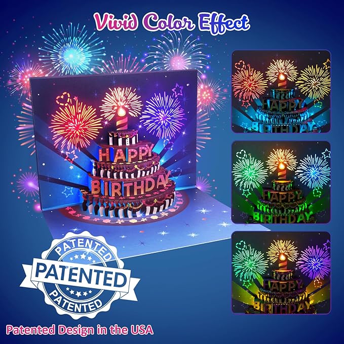 INPHER UPGRADED Birthday Cards Fireworks Pop Up Cake Light and Music Happy Birthday Gifts Decorations for Women, Men, Mom, Grandma