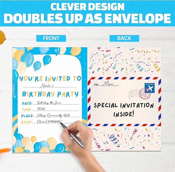 36 Kids Childrens Birthday Party Invitations with Folding Envelope Design and Holographic Stickers (Blue)