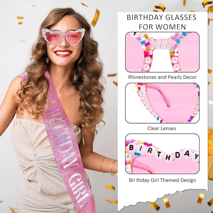 Birthday Girl Sash & Glasses Set, Pink Birthday Sash & Sunglasses, 'BIRTHDAY GIRL' Accessories for Women Girls