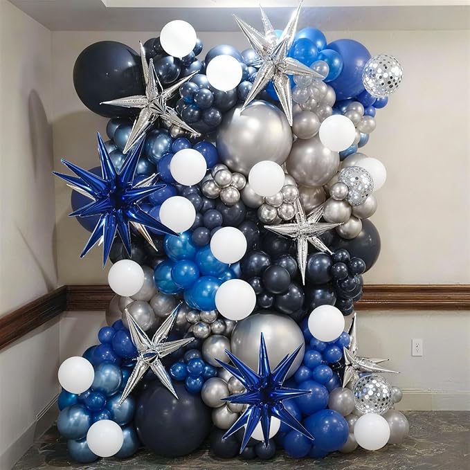 Blue White Silver Balloons Garland Arch Kit, 105Pcs Navy Metallic Blue Silver White Confetti Balloon with Explosion Star Foil Balloon for Birthday Graduation Wedding Fathers Day Retirement Party Decor