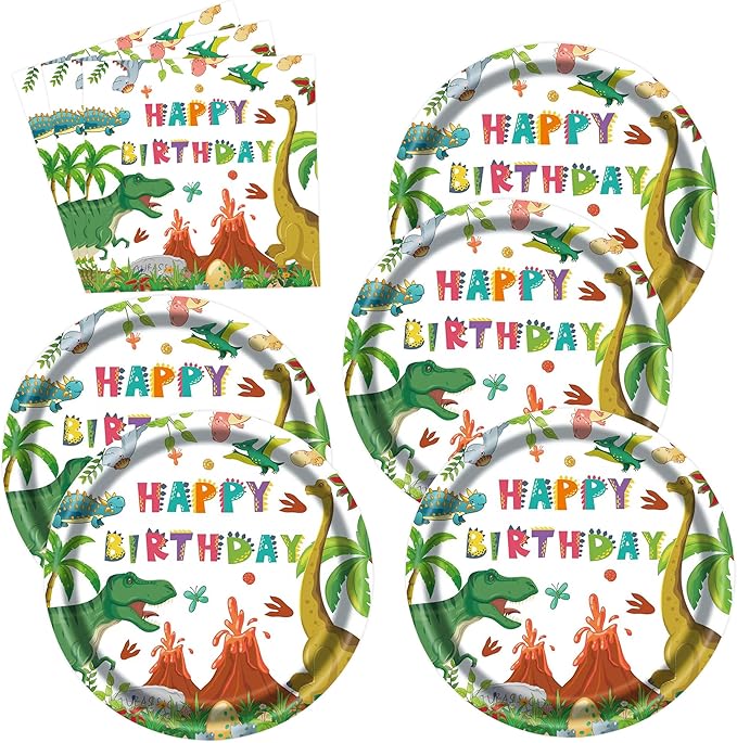 50PCS Dinosaur Birthday Paper Plates and Napkins - Watercolor Disposable Paper Plates Napkins Kit for Dinosaur Birthday Party Decorations Table Decor, Serves 25