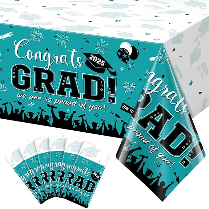 6 Pack Graduation Tablecloth Party Decorations, Class of 2026 Congrats Grad Plastic Tablecover Party Supplies, Teal Rectangle Graduation Table Decorations for College High School Party, 54 x 108 Inch