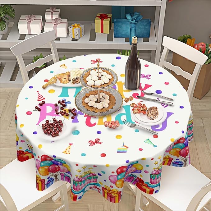 Happy Birthday Round Tablecloth 60 Inch Colorful Gift Birthday Hat Pattern Circle Table Cloth Holiday Table Cover Washable Polyester Decorations for Home Kitchen Dinning Party