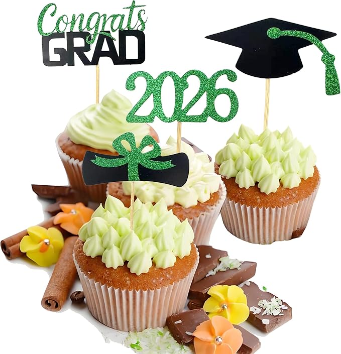 2026 Graduation Cupcake Toppers, 48 PCS Food/Appetizer Picks For Graduation Party Mini Cake Decorations, Diploma, 2026, Grad Cap Set 48 Pieces (04 Green)