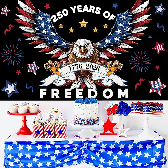 Red Blue 250 Years America Backdrop Banner Photography Background for 250th Anniversary USA Theme 4th of July Independence Day Home Garden Outdoor Party Decorations Supplies 72.8 * 43.3in