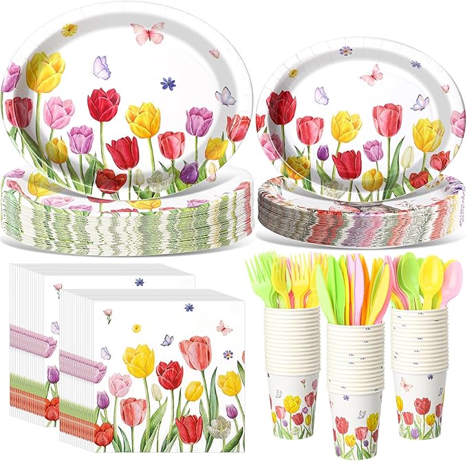 Havawish 350 Pcs Spring Floral Party Supplies Tulip Disposable Tableware Set Wild Flowers Butterflies Oval Paper Plates Cups Napkins Fork Knife Spoon Dinnerware for 50 Guests Spring Table Decorations