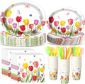 Havawish 350 Pcs Spring Floral Party Supplies Tulip Disposable Tableware Set Wild Flowers Butterflies Oval Paper Plates Cups Napkins Fork Knife Spoon Dinnerware for 50 Guests Spring Table Decorations