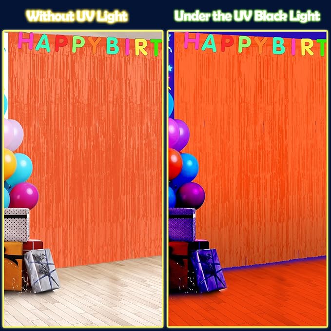 6 Pack 3.3Ft x 6.6Ft Orange Glow in The Dark Foil Fringe Curtain Backdrop Party Supplies, Fluorescent Macaron Metallic Tinsel Foil Streamers Curtain Photo Booth for Neon Birthday Party Decorations