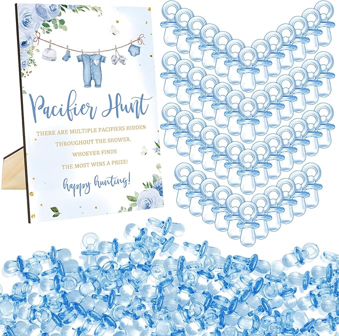Whaline 51 Pcs Pacifier Hunt Baby Shower Game Include Watercolor Baby Clothes Wooden Sign 50 Blue Plastic Pacifier for Gender Reveal Party Favor Gift Supplies