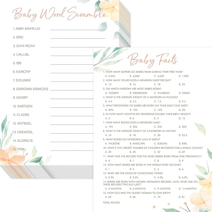 55PCS Baby Shower Games, Word Scramble & Trivia Facts with Answer Keys Double-sided Game Card Fun Baby Shower Party Games Gender Neutral for Girls or Boys