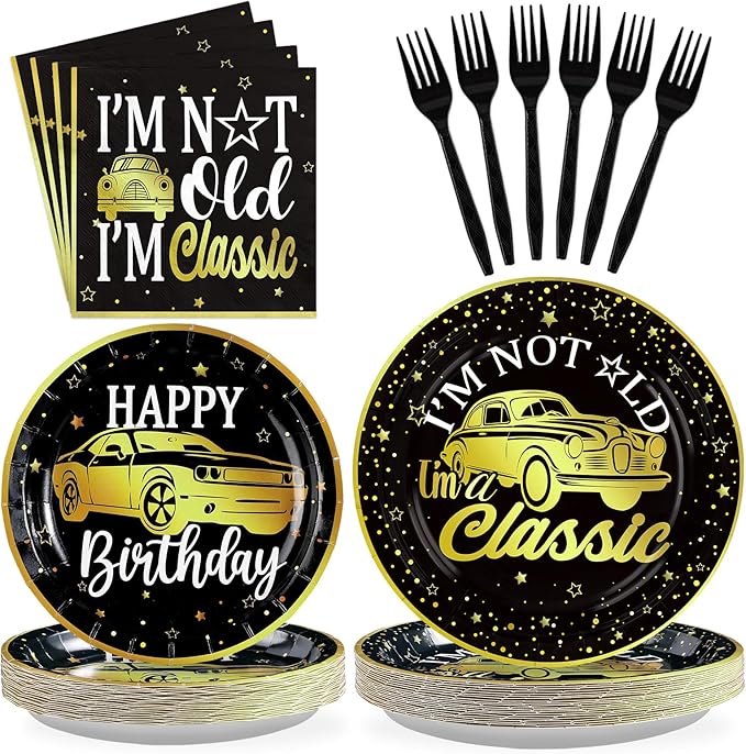 Grencian 96Pcs Classic Car Party Decorations Vintage Car Birthday Plates and Napkins Tableware Sets Old Theme Classic Party Favors for Adult Mens Racing Cars Theme Birthday Supplies Serve 24