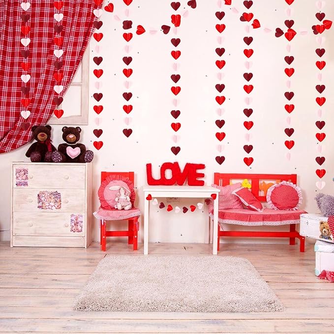 Valentines Day Pink Red Party-Decorations Heart-Garland - 39Ft 3D Burgundy Proposal Romantic Special Night Galentines Hanging Paper Streamers Banner,Engagement Wedding Baby Bridal Shower Decor Ouruola