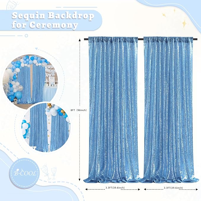 B-COOL Baby Blue Sequin Backdrop Curtains 2 Packs 3.3ftx8ft Baby Shower Sparkle Backdrop Fabric Glitter Background Drapes for Party Ceremony Birthday Decoration