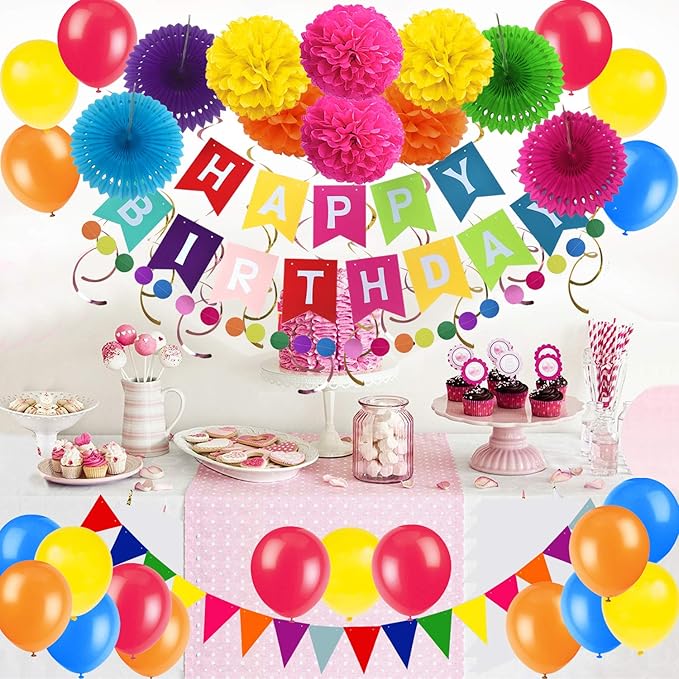 ZERODECO Birthday Decoration Set - Happy Birthday Banner, Bunting, 4 Paper Fans, 6 Paper Pom Poms, 10 Hanging Swirls, 20 Balloons - Multicoloured